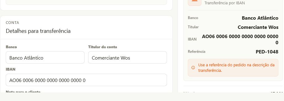 Bank transfer instructions in the Wos dashboard